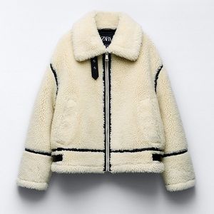 ZARA FAUX FUR BIKER JACKET ECRU LARGE